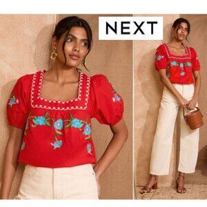 NWT!! NEXT (LOVE & ROSES) Red Square Neck Embroidered Short Sleeve Top
